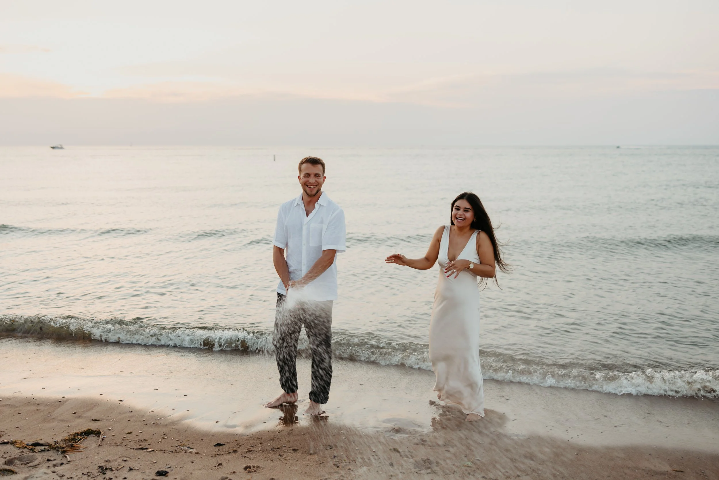 Lake Michigan Beach Engagement at Sunset