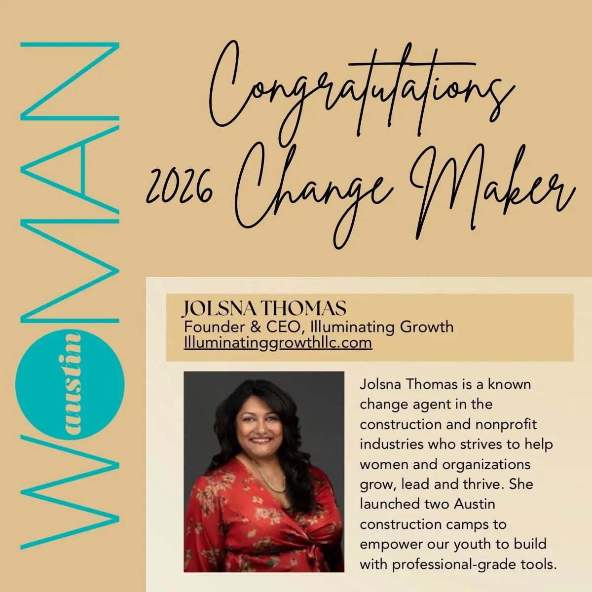 Thank you to @austinwoman for naming Founder @jolsnajohnthomas a 2026 Change Maker. 

Change Makers are the trailblazers and the behind-the-scenes heroes, the founders and the fixers, the visionaries and the volunteers.  Thank you for the waves you m