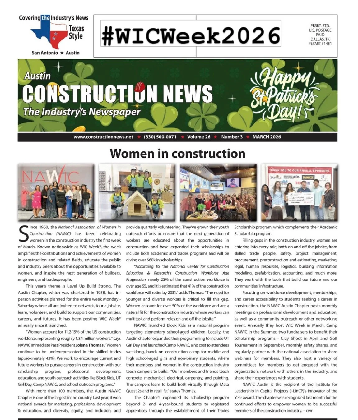 Proud to have @jolsnajohnthomas quoted by @austinconstructionnews celebrating @austinnawic&rsquo;s 2026 WIC Week and contributions to the construction industry! #wicweek2026 #womeninconstruction