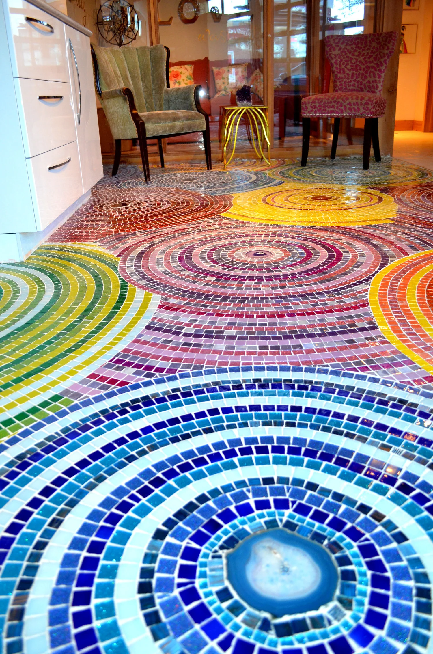 Custom mosaic rainbow and glitter floor installation with agate crystals by Denver artist Emily Dwan