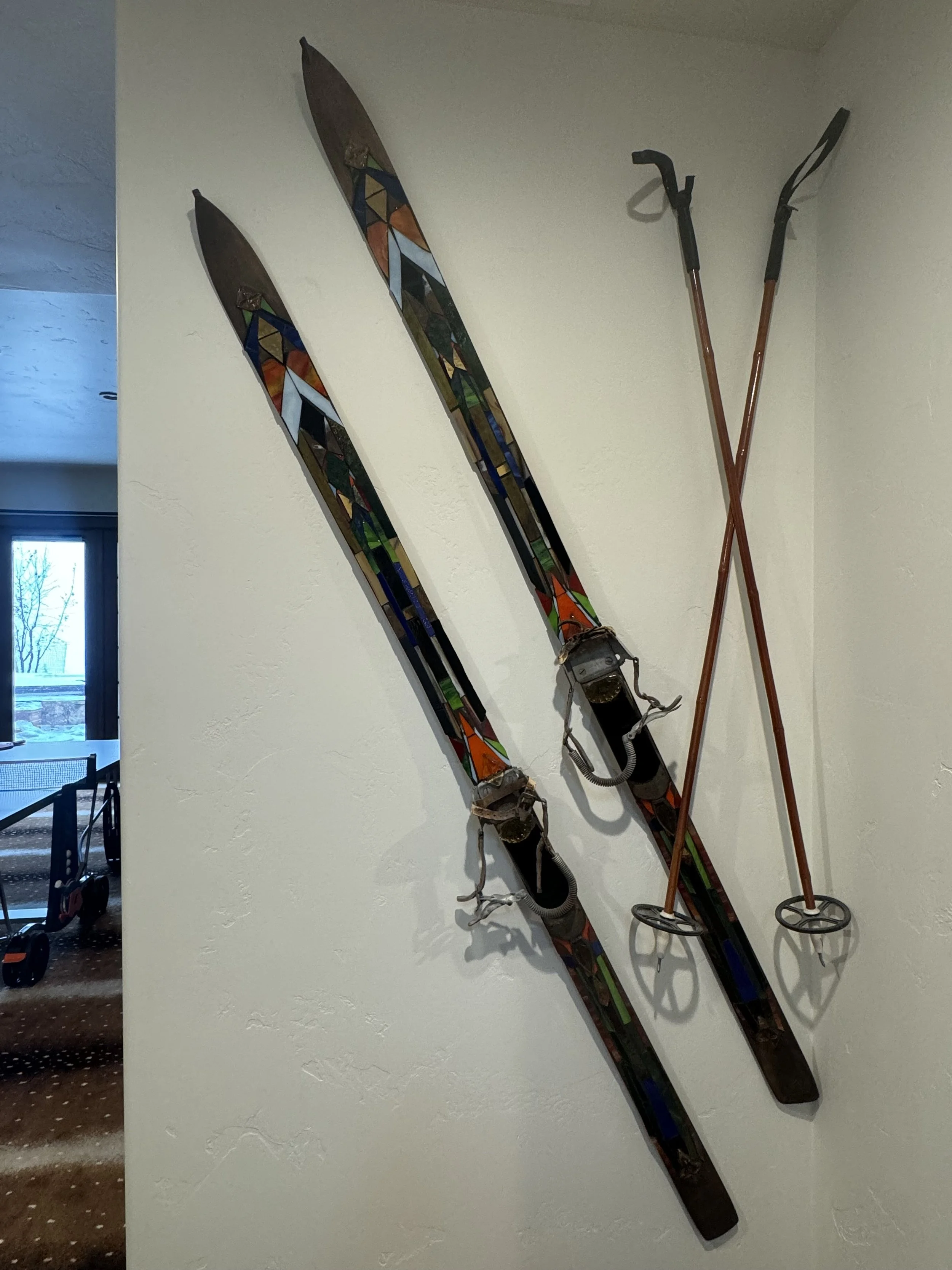 repurposed ski art, Colorado ski art for chalet, high end repurposed ski art mosaic, emily dwan