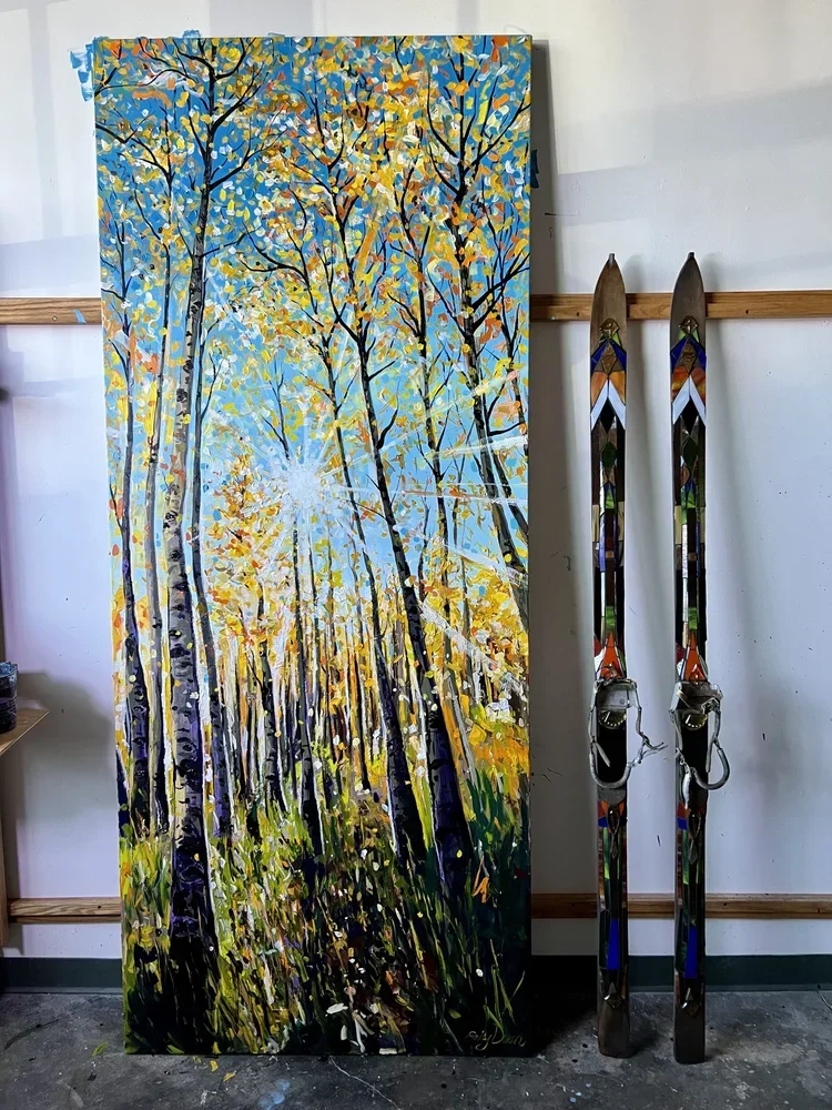 unique gift ideas art, unique home decor, unique landscape paintings, upcycled art colorado, upcycled instrument art, upcycled ski art, uplifting art, uplifting landscape art for home, abstract nature paintings