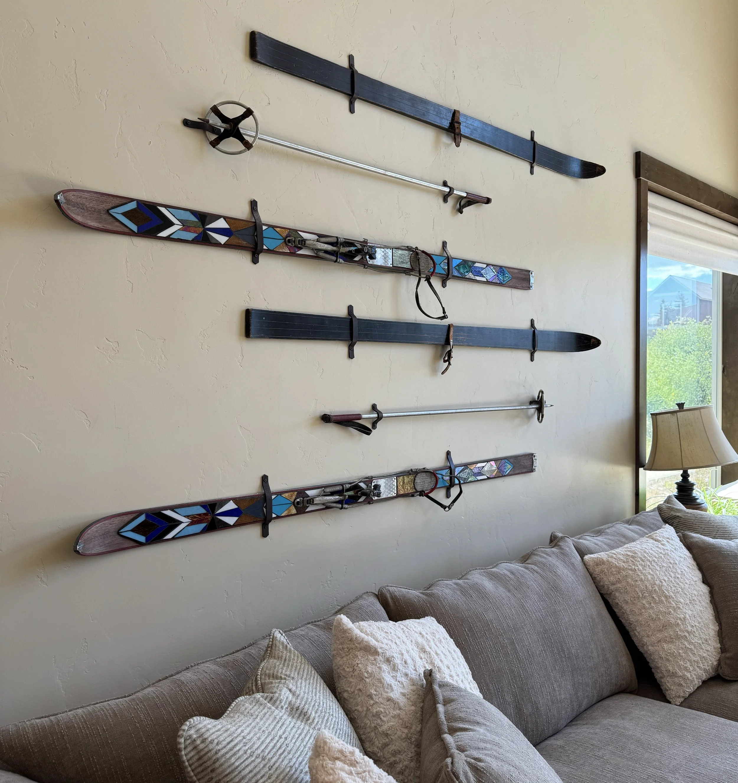 Colorado hanging art skis, Colorado skis to hang on wall, painted mosaic skis for art wall fixture, Emily dwan