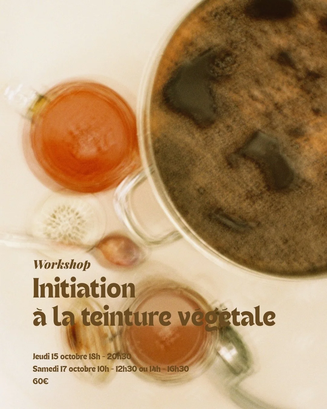 INITIATION &Agrave; LA TEINTURE V&Eacute;G&Eacute;TALE 🟤🟠

Tous les mois je propose un ou deux ateliers o&ugrave; j&rsquo;enseigne les bases de la teinture v&eacute;g&eacute;tale.
Vous repartez avec votre &oelig;uvre du jour et de quoi reproduire t