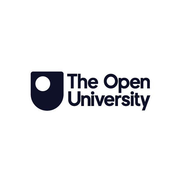 Logo of The Open University featuring a dark blue icon and text.