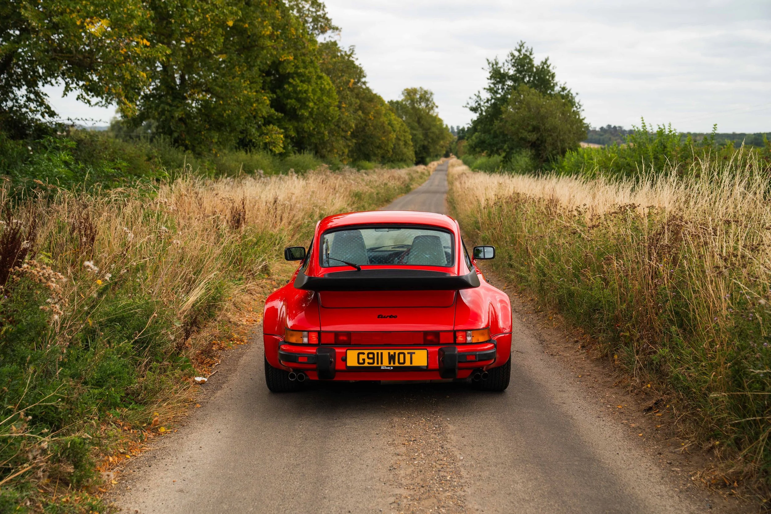 Red vintage Porsche 911 Turbo car parked on a narrow country road surrounded by tall grass and trees, with a cloudy sky.
