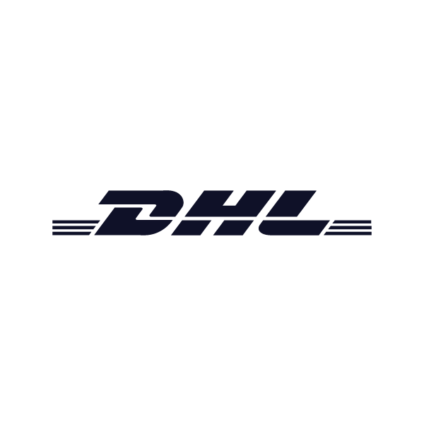 DHL logo in black and blue on a black background.