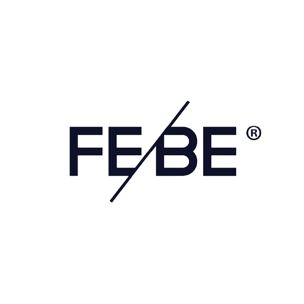 FEBE logo with a slash through the middle in a dark color.