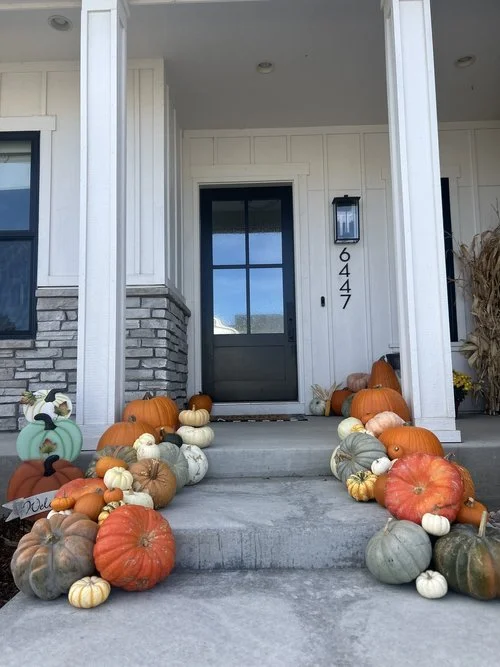 Front porch decorated with a variety of pumpkins and gourds in orange, white, green, and cream colors