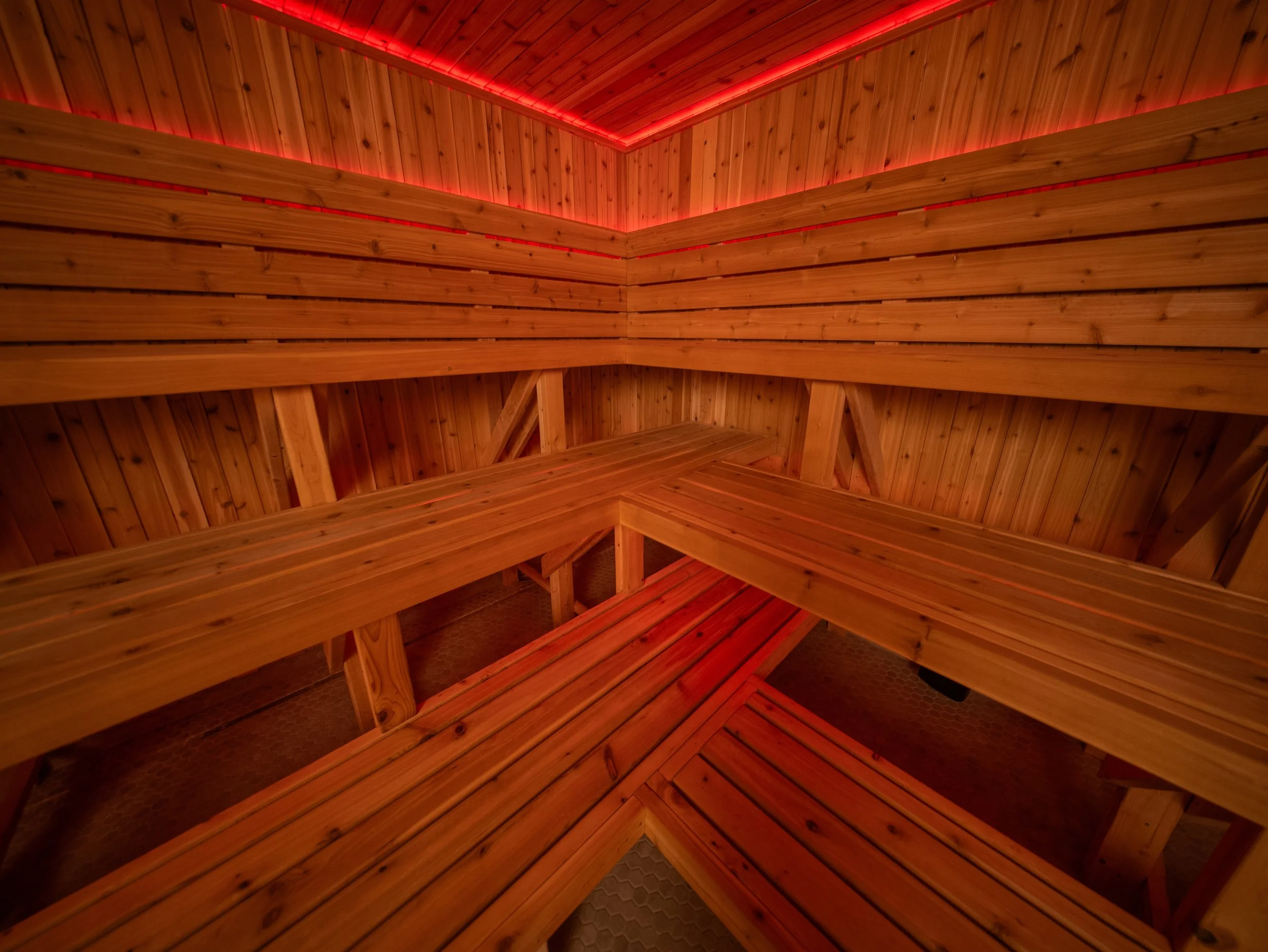 Empty interior of a custom sauna by Hot Bird Saunas with tiered cedar benches and integrated red LED lighting.