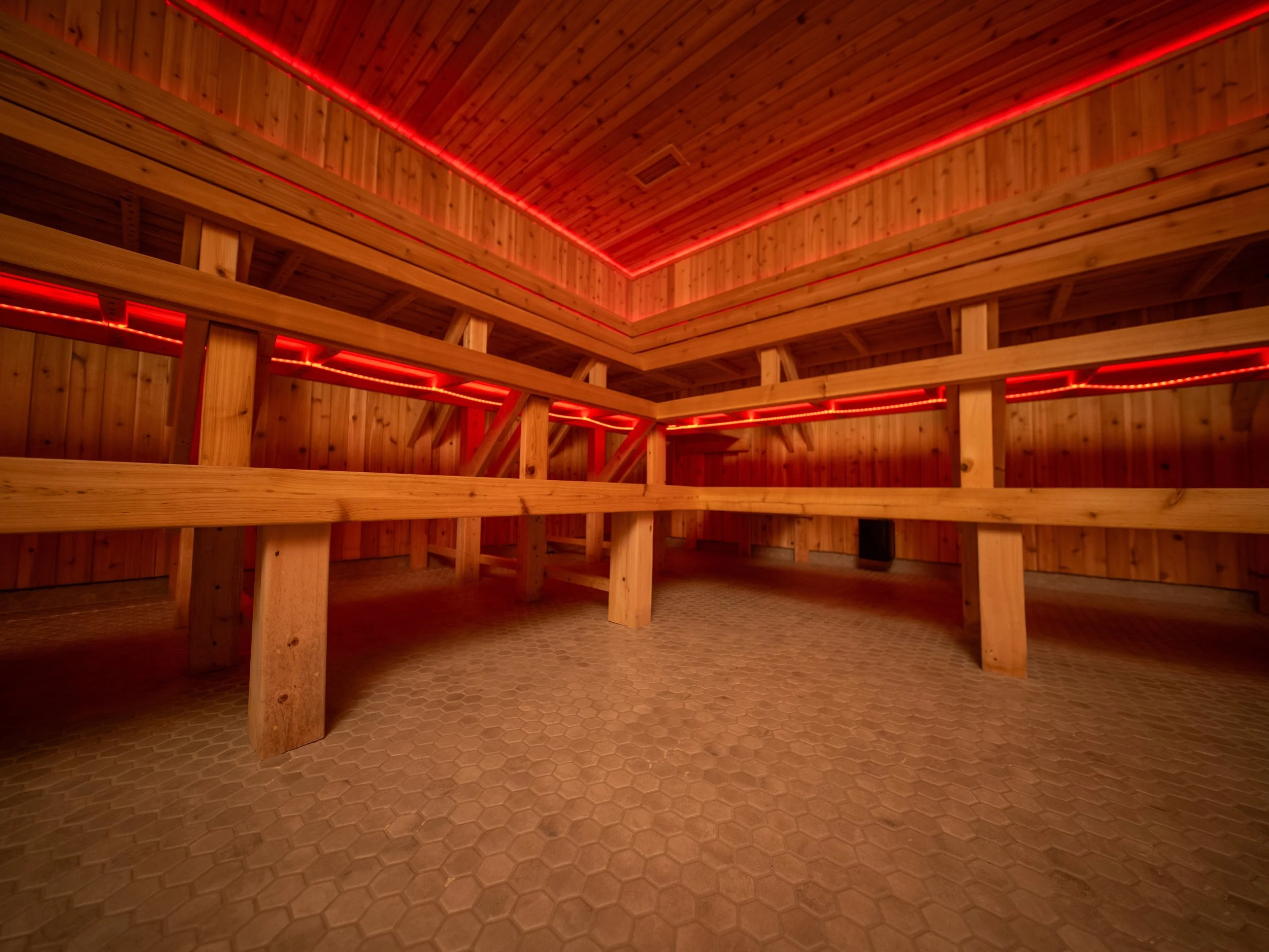 Interior of a custom-built sauna by Hot Bird Saunas featuring cedar benches, red LED lighting integrated along the ceiling and upper walls, and a hexagonal tile floor.