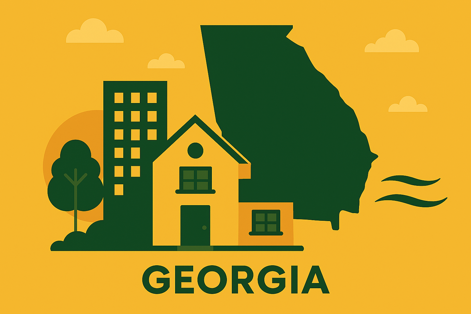 Illustration of Georgia state outline with buildings, house, trees, clouds, and water waves, all in green on a yellow background, with the word 'GEORGIA' at the bottom.