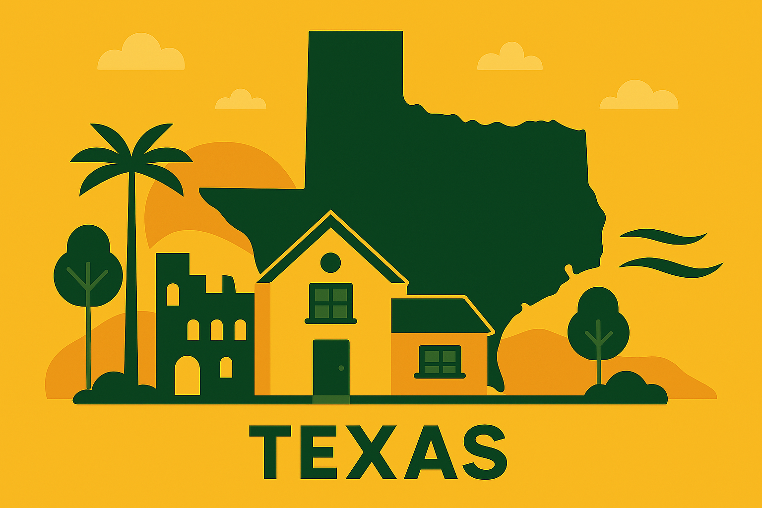 Illustration of Texas with a house, trees, a setting sun, and clouds on a yellow background, with the word 'TEXAS' at the bottom.
