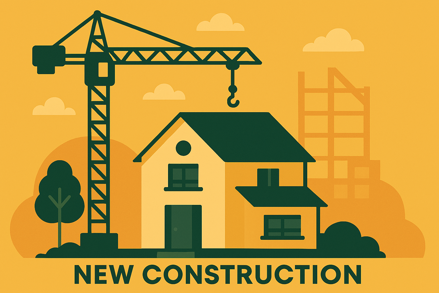 Illustration of a house under construction with a crane overhead and a billboard that says 'New Construction.'