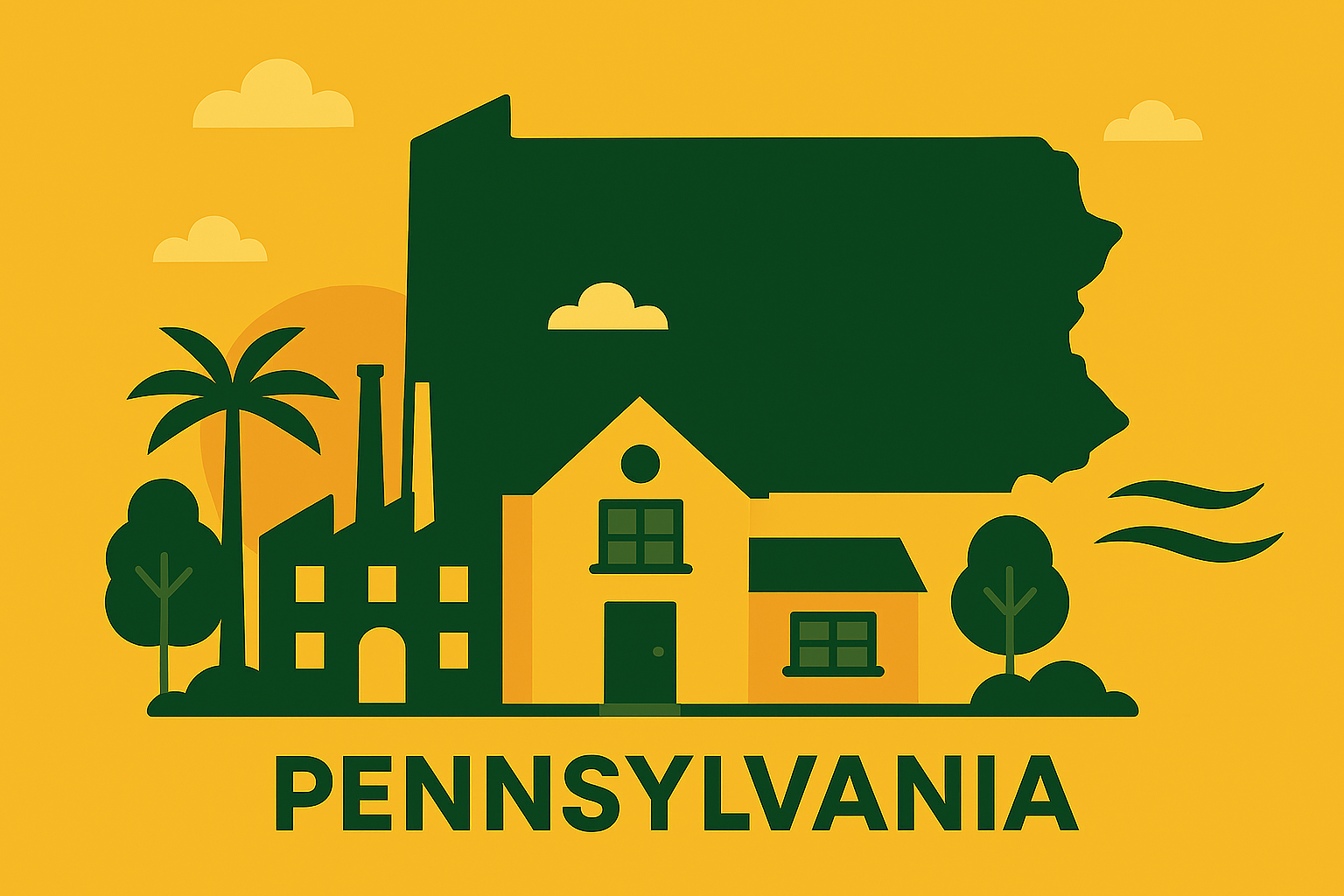 Illustration of the state of Pennsylvania with trees, clouds, and a factory, with the word "Pennsylvania" below.
