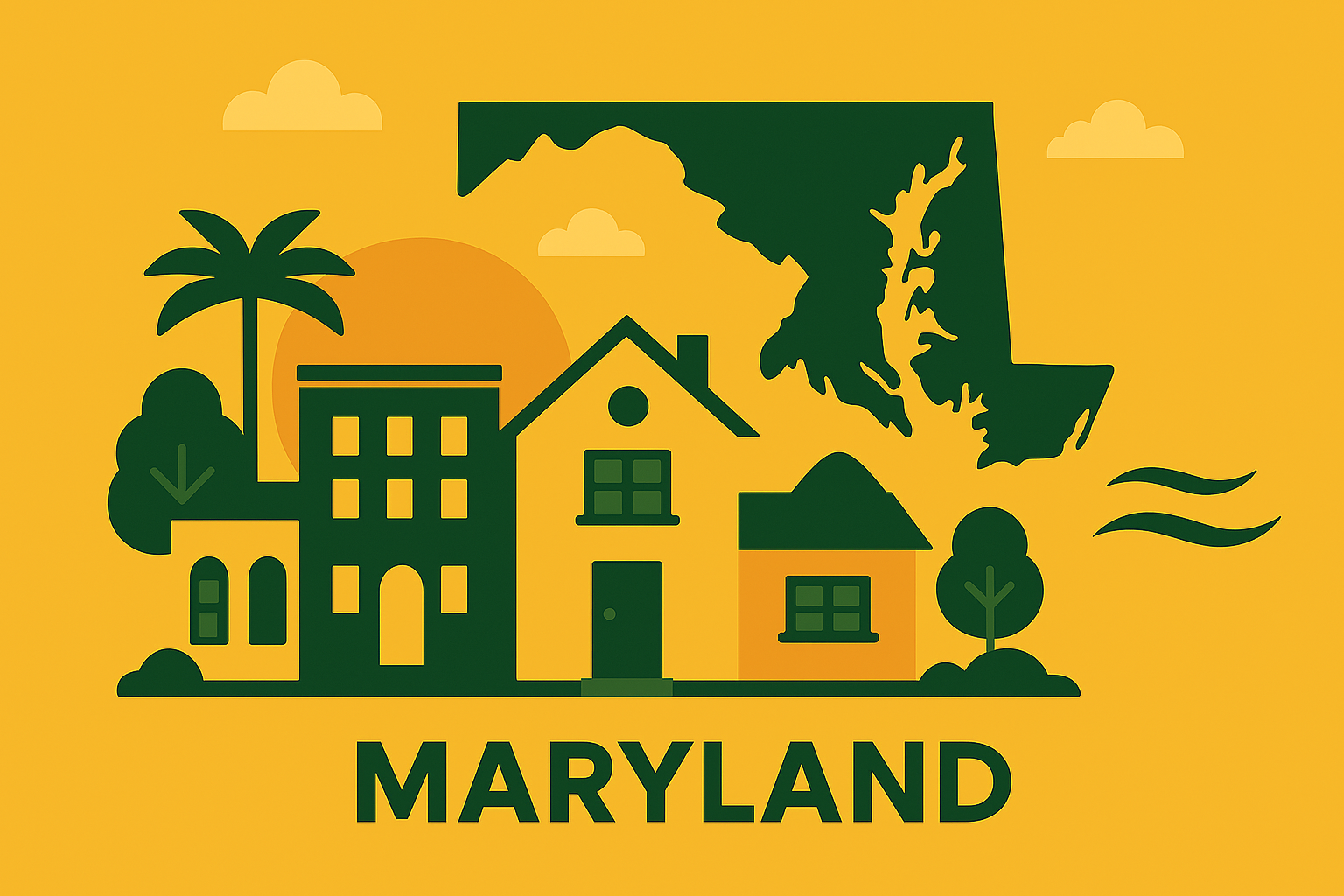 Illustration of a house, trees, a palm tree, the outline of Maryland, and a sunset with clouds, with the word Maryland at the bottom.