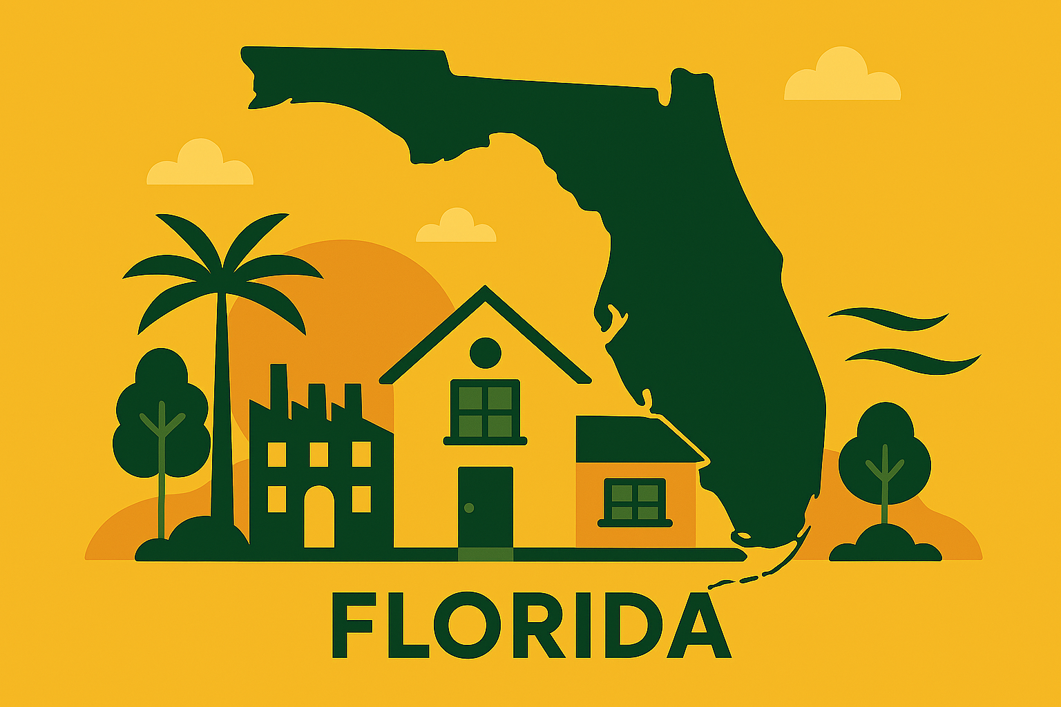 Illustration of Florida with a large outline, a house, trees, and a setting sun on a yellow background.