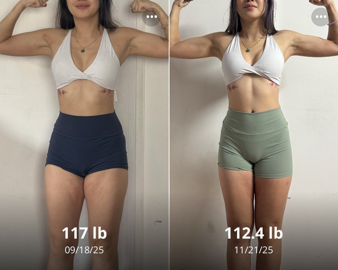 Side-by-side comparison photo of a woman flexing her muscles, showing progress in weight loss from 117 pounds to 112.4 pounds over two months, with the dates September 18, 2025, and November 21, 2025.