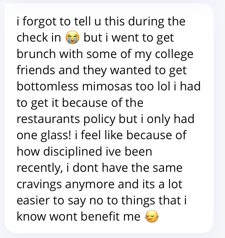 Text message conversation discussing getting brunch with college friends and drinking bottomless mimosas, with an emoji of a crying face.