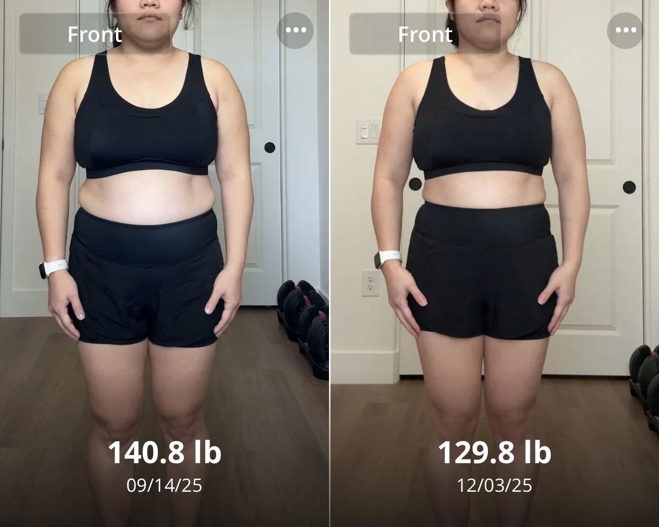 Side-by-side images of a woman in black workout clothes showing weight loss progress, with dates September 14, 2025, and December 3, 2025, and weights 140.8 lb and 129.8 lb.