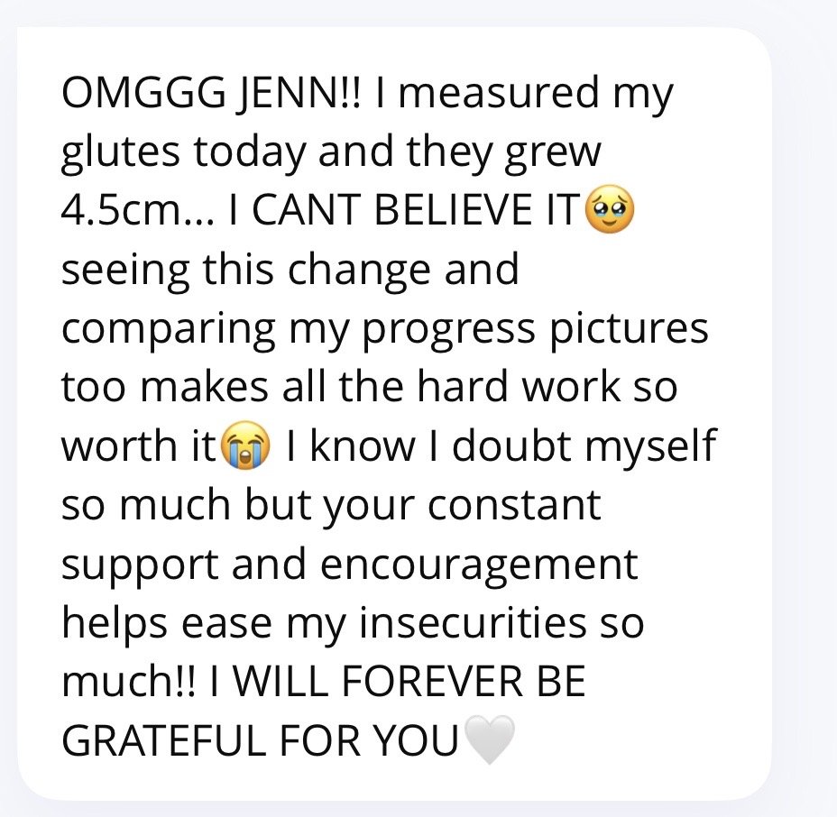 A heartfelt message expressing excitement and gratitude over measuring an increase of 4.5 cm in glutes, with a mention of progress pictures, support, and encouragement.
