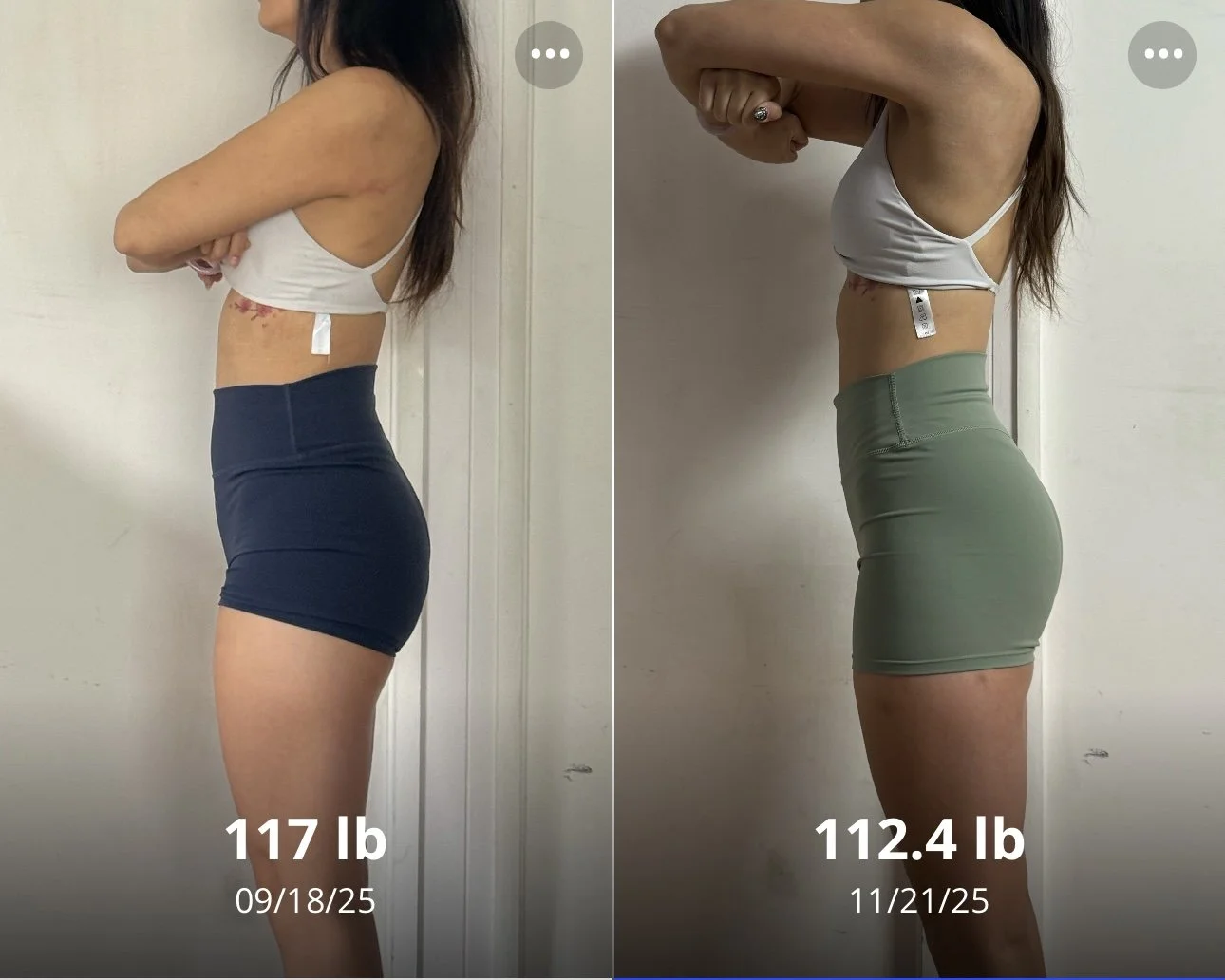 Side-by-side comparison of a woman's body before and after weight loss. The left image shows her weighing 117 pounds on September 18, 2025, and the right image shows her weighing 112.4 pounds on November 21, 2025. She is wearing a white sports bra an