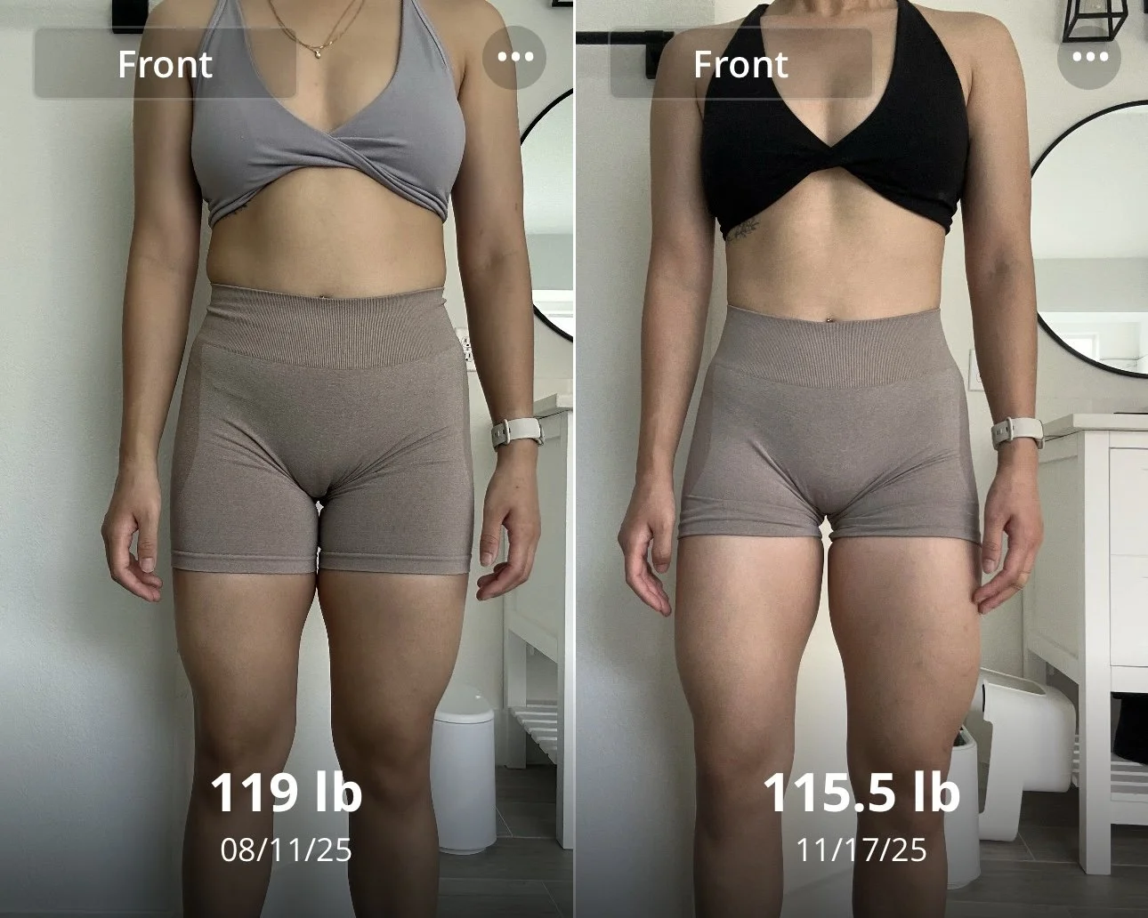 Comparison of a woman's front view before and after weight loss, showing her wearing workout clothes, with details of dates and weights noted.