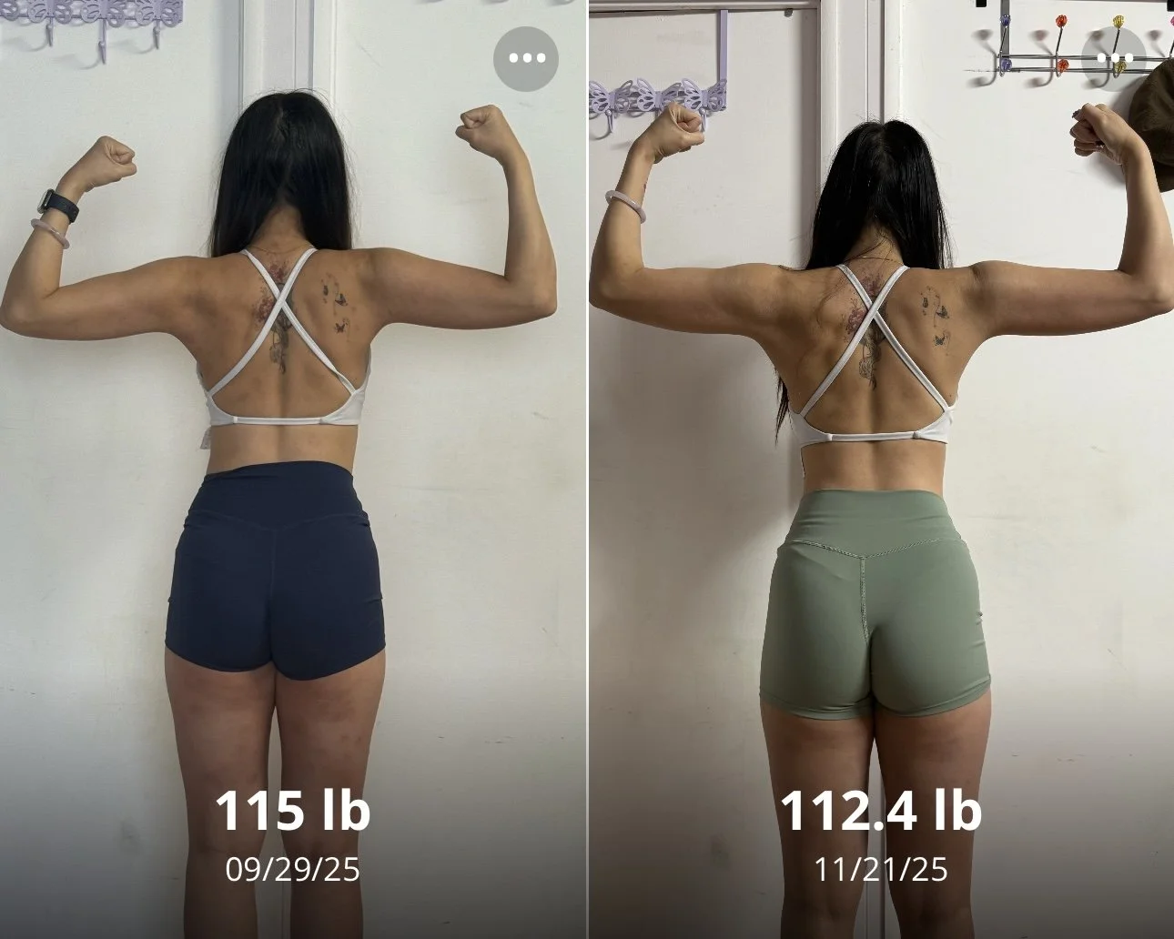 Side-by-side comparison photo of a woman flexing her back and arm muscles, showing progress in weight loss from 115 pounds on 09/29/25 to 112.4 pounds on 11/21/25.