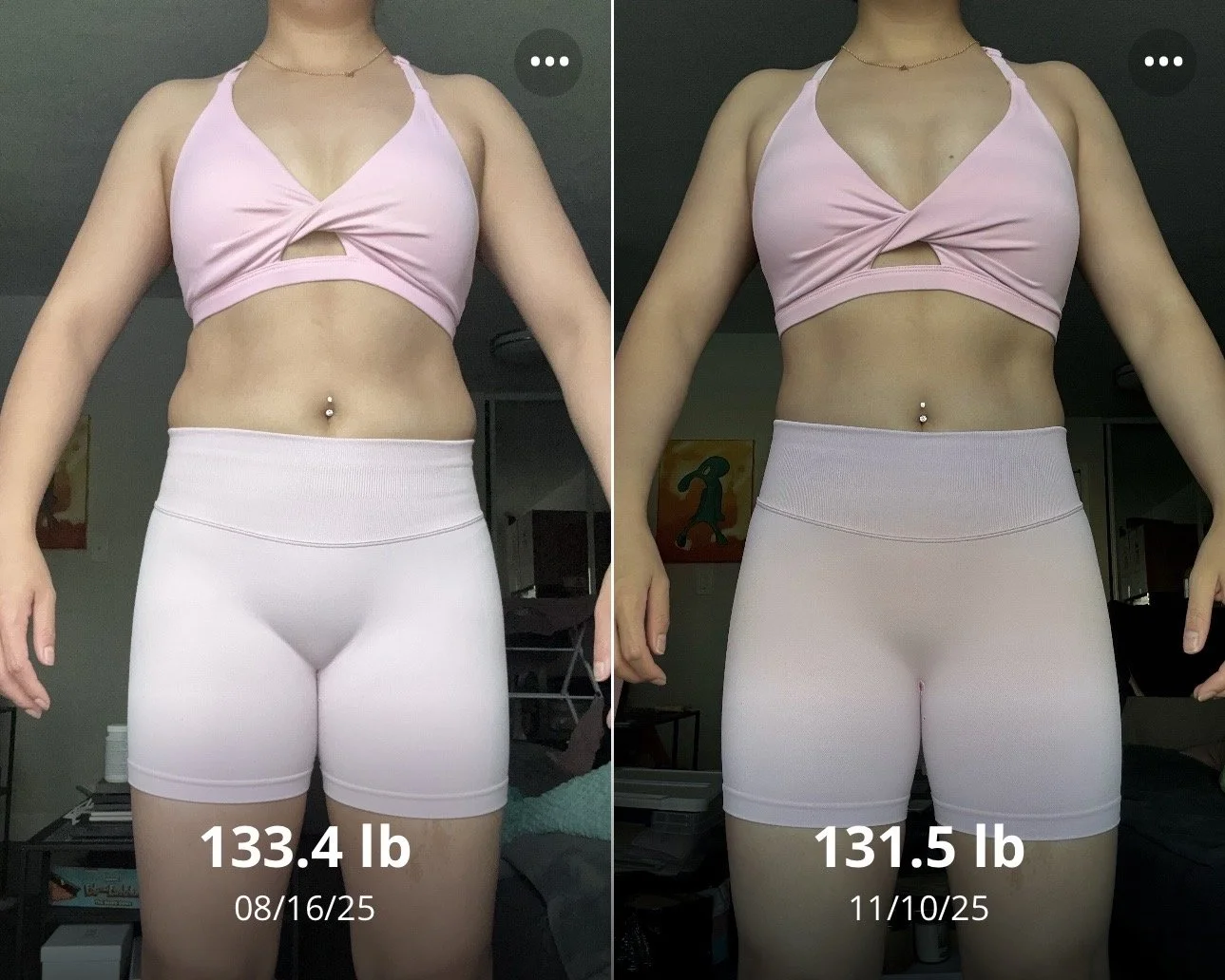 Side-by-side photos of a woman in a pink sports bra and light pink shorts showing weight loss. The left photo displays 133.4 pounds with the date 08/16/25, and the right photo shows 131.5 pounds with the date 11/10/25.