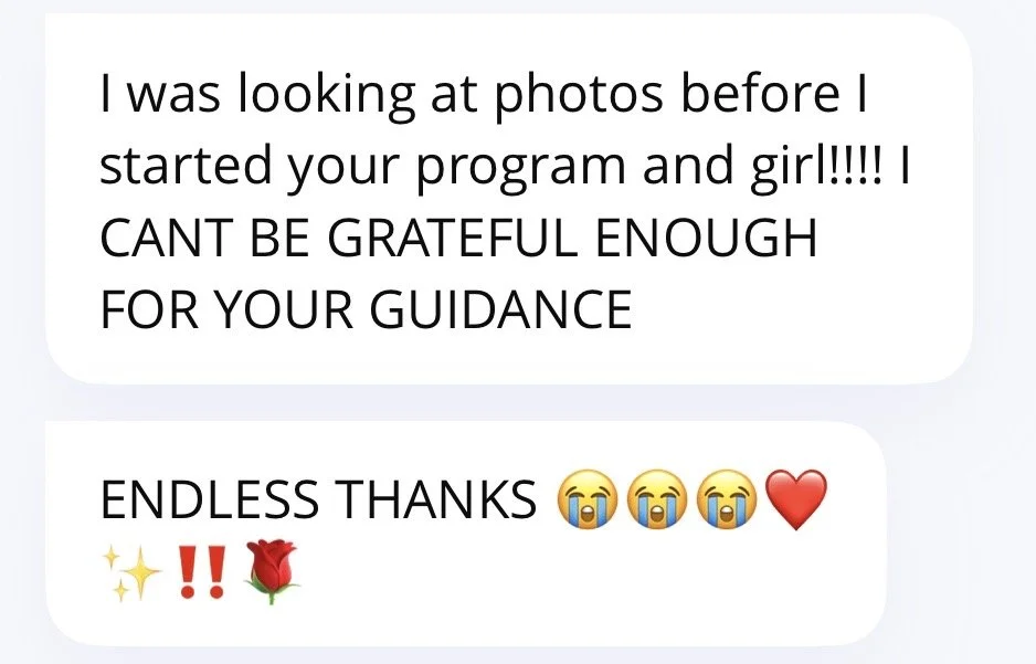 Screenshot of a text message expressing gratitude for guidance and program, with emojis including crying faces, a red heart, sparkles, exclamation marks, and a rose.