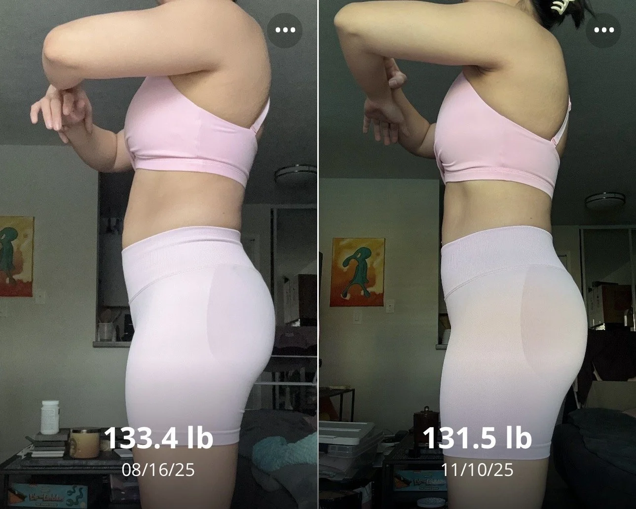 Side-by-side photos of a woman showing weight loss progress, wearing pink sports bra and white leggings. Left photo dated 08/16/25, weight 133.4 lbs. Right photo dated 11/10/25, weight 131.5 lbs.