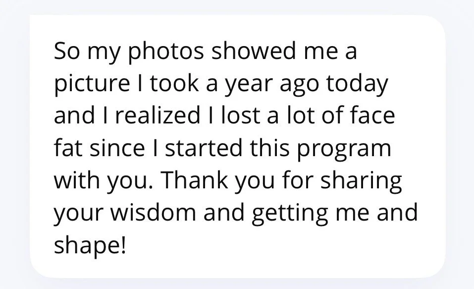 Text message expressing gratitude for help with weight loss after a year of program.