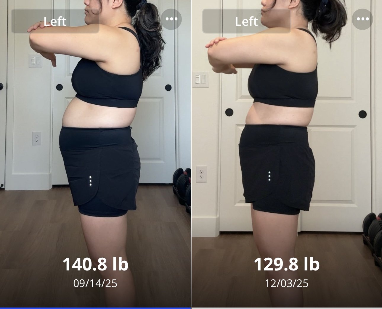 Side-by-side comparison of a woman's weight loss progress, showing her in workout clothes with arms crossed in front of a white door. The left side displays her weighing 140.8 pounds on September 14, 2025, and the right side shows her weighing 129.8 