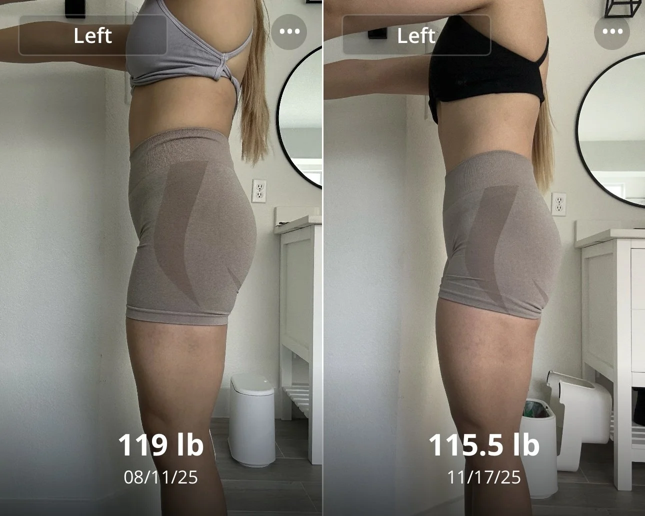 Side-by-side comparison of a woman's midsection showing her weight loss progress. On the left, her weight is 119 pounds, and on the right, her weight is 115.5 pounds. The dates are August 11, 2025, and November 17, 2025.