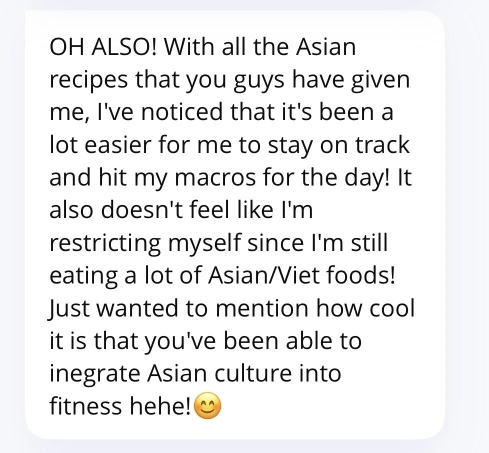 Screenshot of a text message discussing Asian recipes, macros, and Asian/Viet foods, with a smiley face emoji at the end.