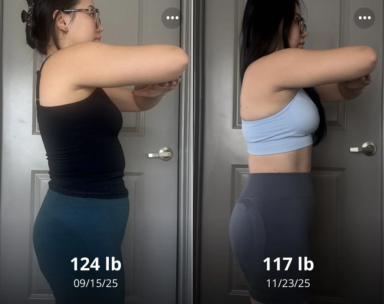 Side-by-side comparison of a woman in workout clothes showing weight loss progress. On the left, she weighs 124 pounds as of September 15, 2025, wearing a black tank top and blue leggings. On the right, she weighs 117 pounds as of November 23, 2025, 