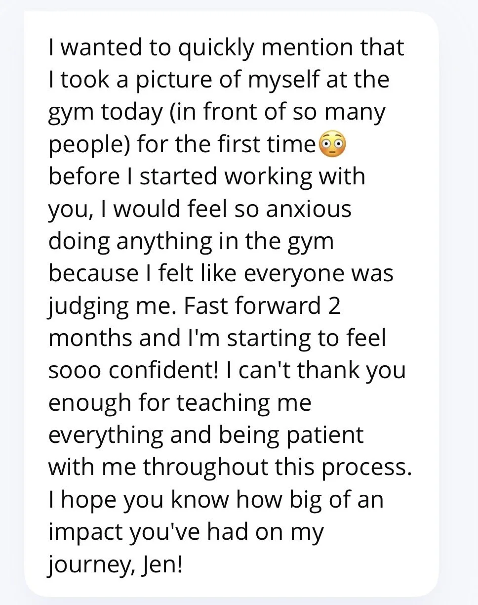 Screenshot of a text message from someone named Jen expressing gratitude for support and teaching during their fitness journey.