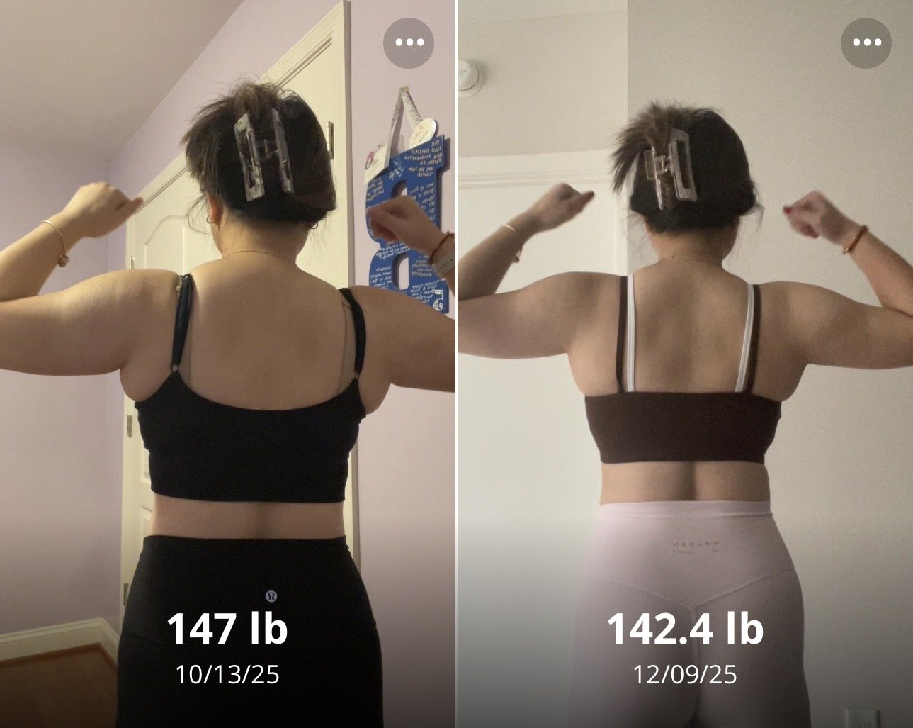 Side-by-side comparison of a woman’s back in workout clothes, showing weight loss from 147 pounds on October 13, 2025, to 142.4 pounds on December 9, 2025, with her standing with arms flexed in both images.