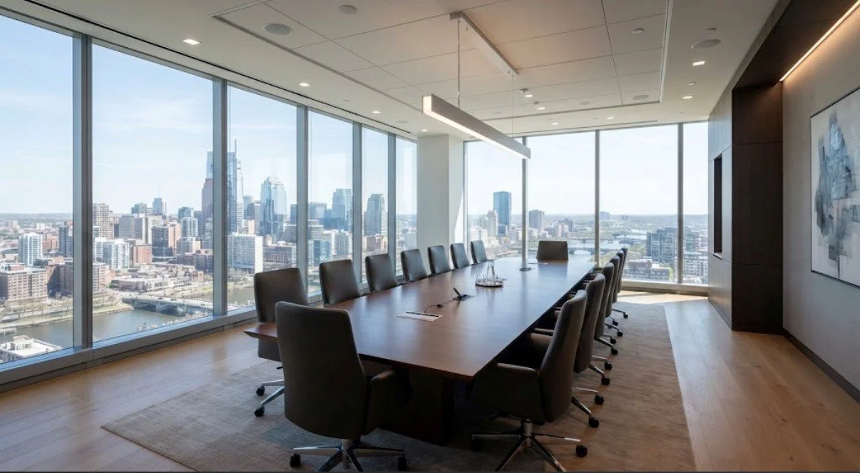 Recruitment firm boardroom with panoramic city views.