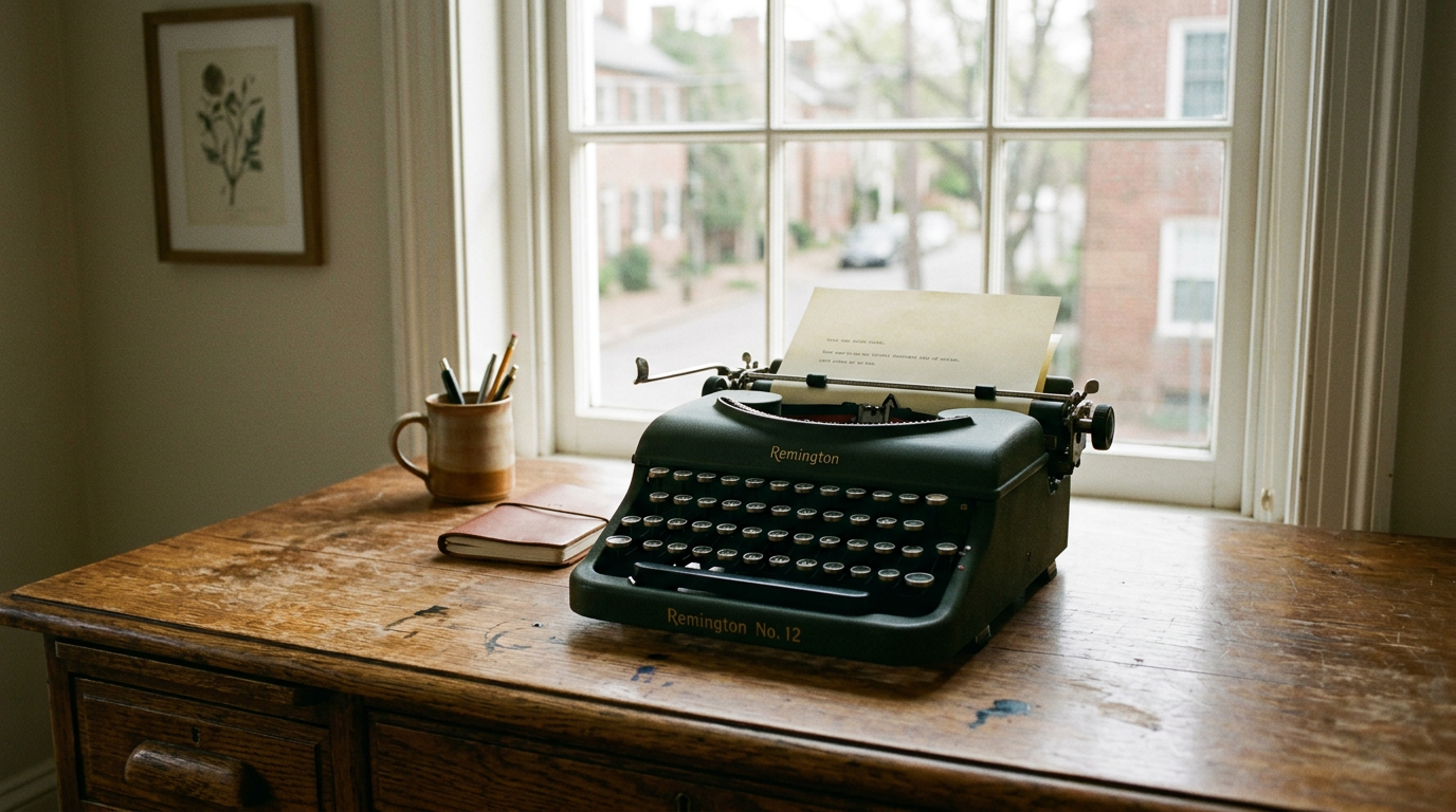 a typewriter on an old desk looking out of a window