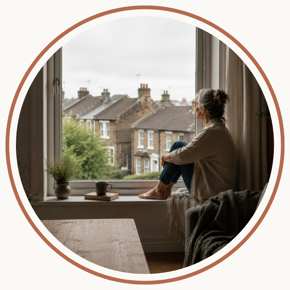 A woman sits on a windowsill overlooking an ordinary terraced street, a book and cup of tea beside her, morning light coming through the window.