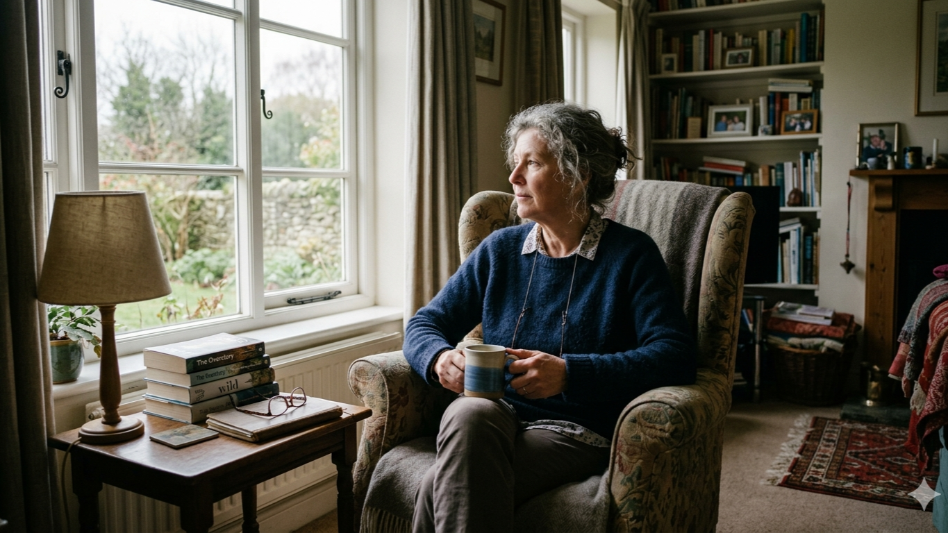 A mature woman sits beside a window, holding a cup in both hands and looking out thoughtfully.