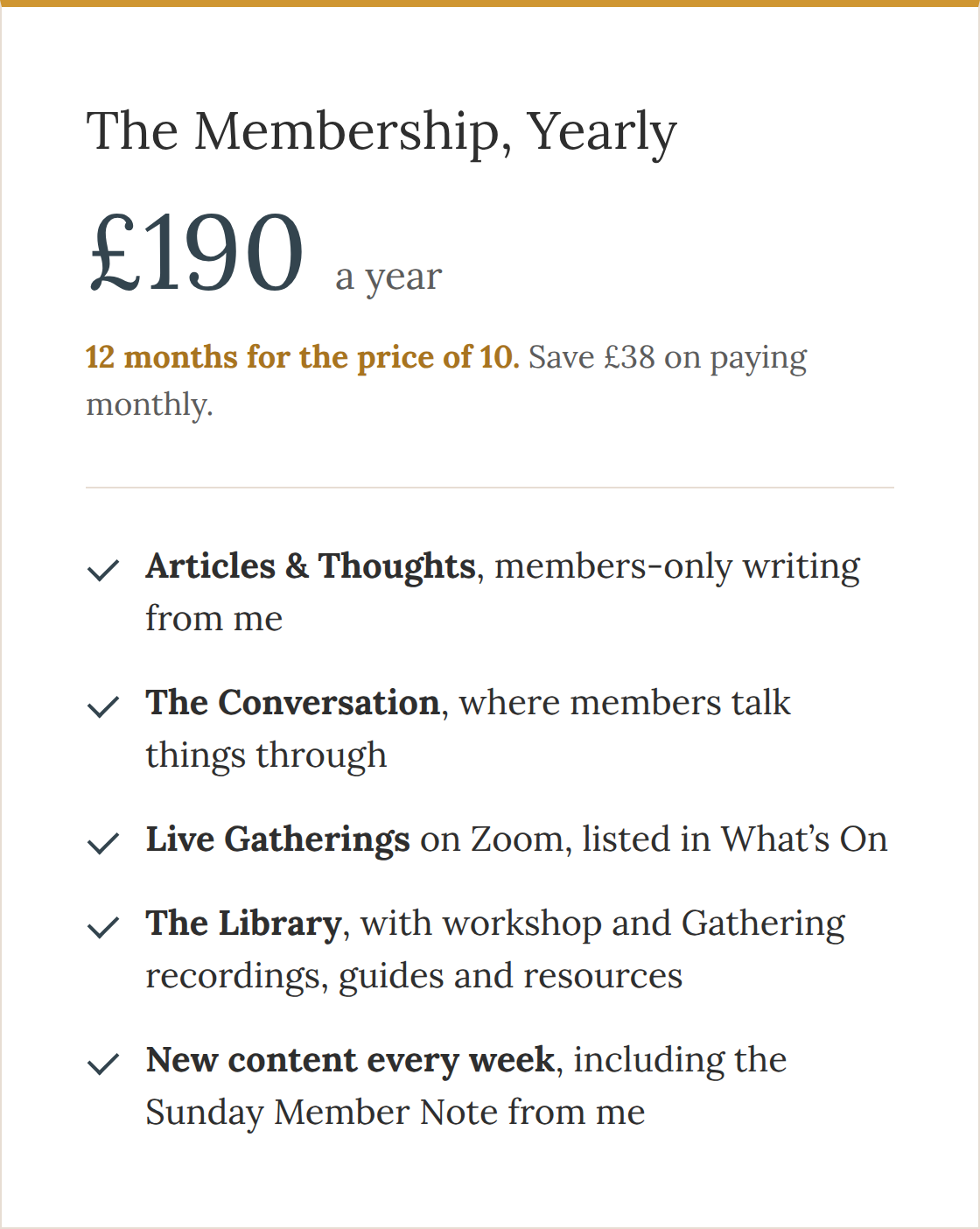 Yearly membership card with details of what's included in the membership
