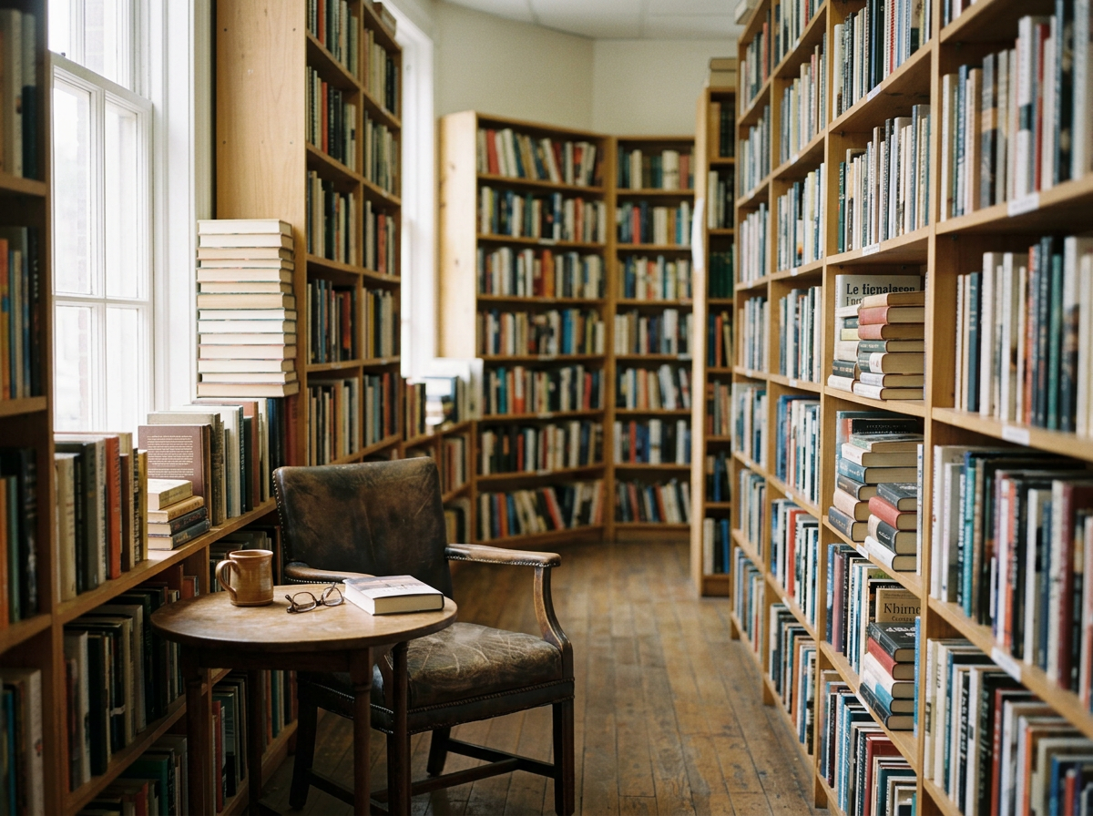 a book shop with a small reading table