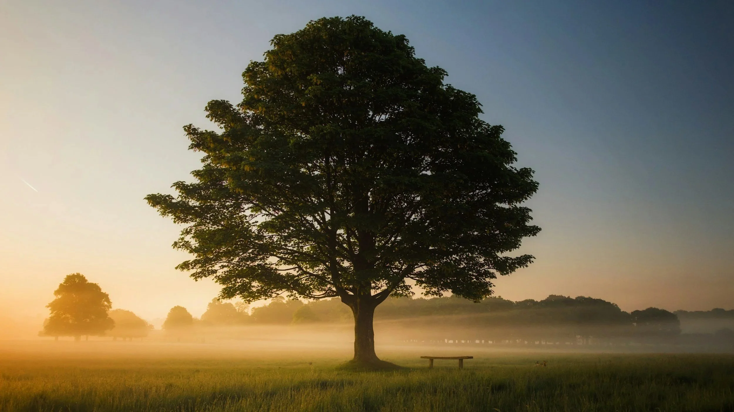 A tree in a misty field at dawn, reflecting stillness and time.