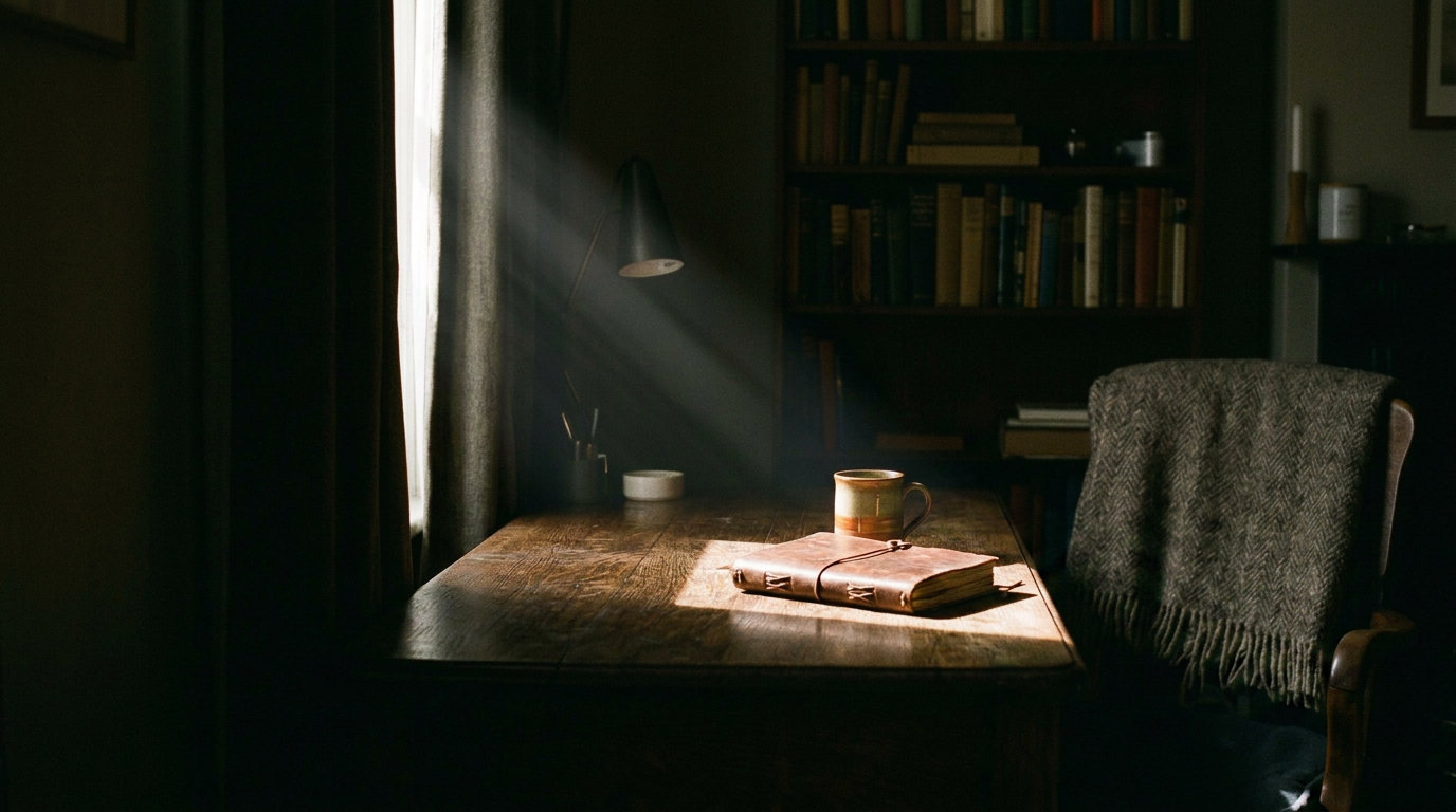 a ray of light on a desk with a journal and cup
