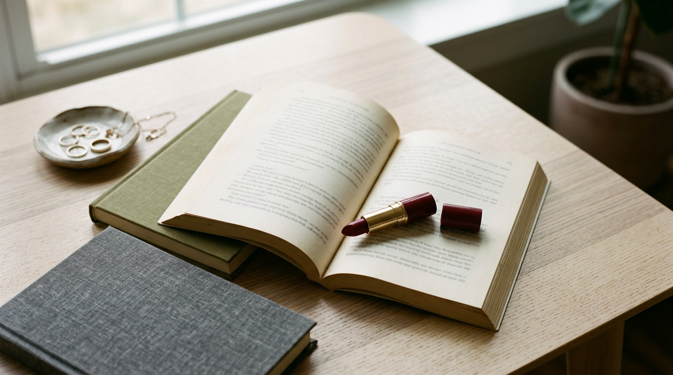 A tube of lipstick lying on the pages of an open book