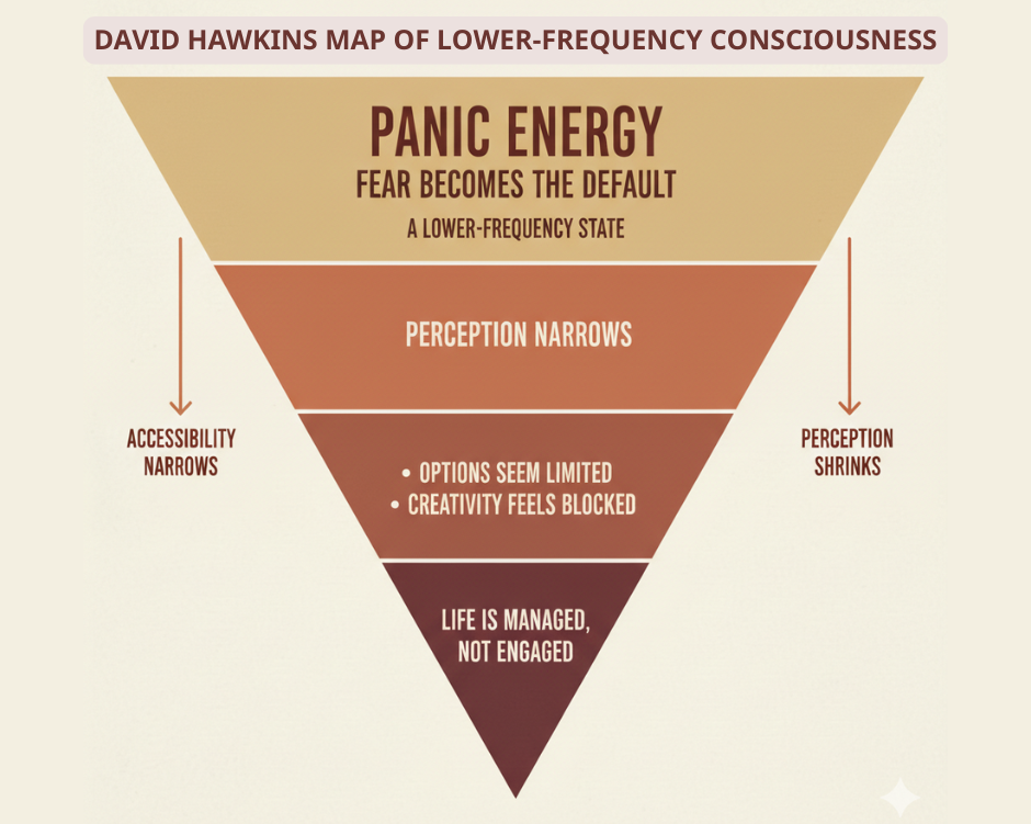 David Hawkins’ scale of consciousness shown as a triangle, with fear at the lower levels and courage marking a higher threshold of awareness.