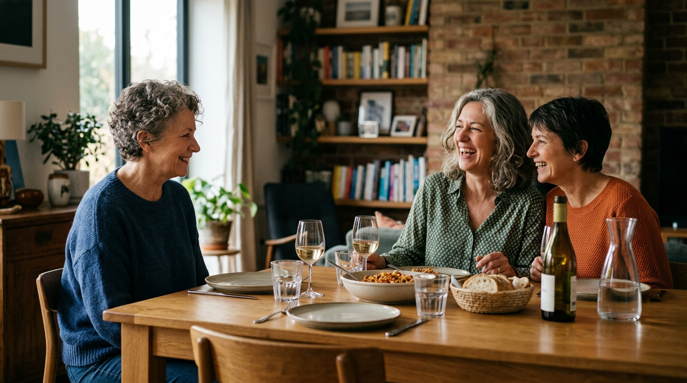 group of women laughing dinner table, woman watching friends smiling