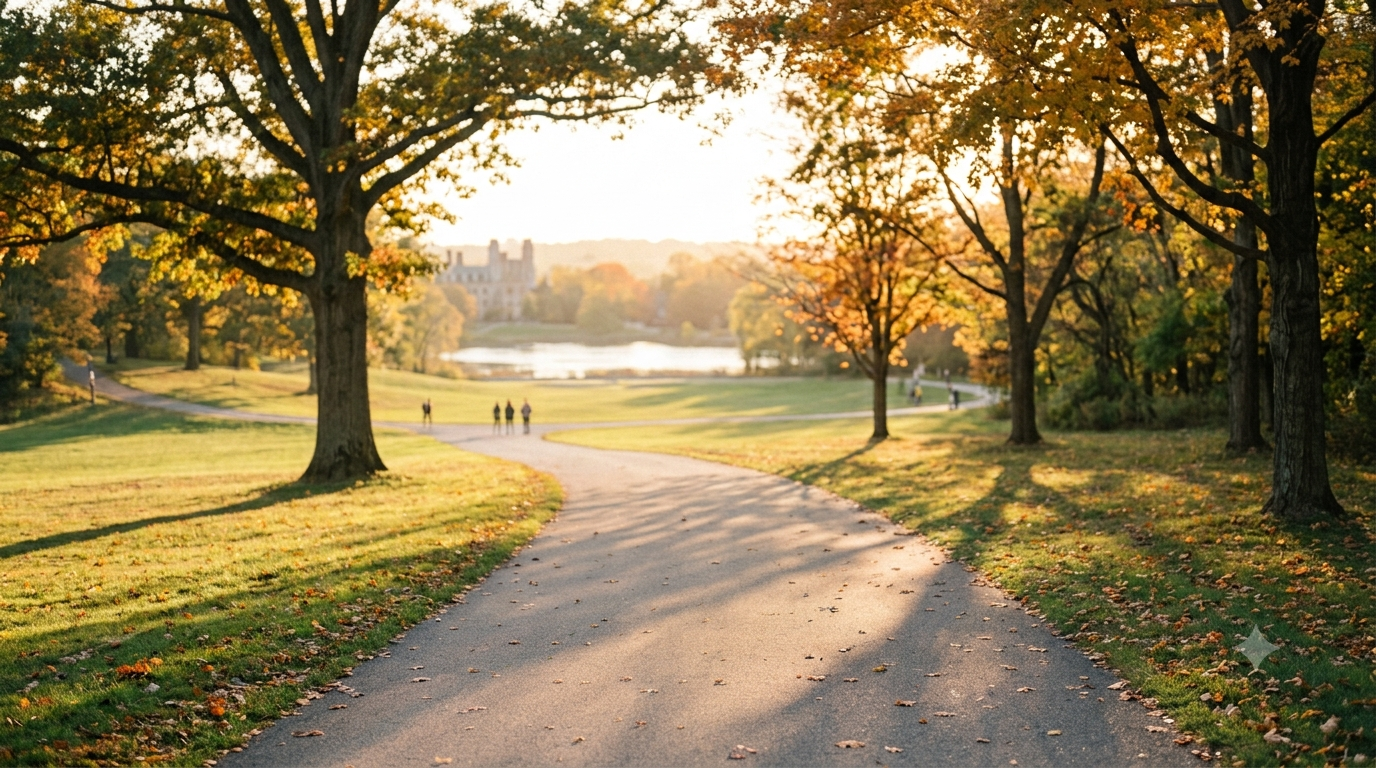 A path curving through a park in autumn light, with people walking together in the distance — friendship built around a shared world rather than circumstance.